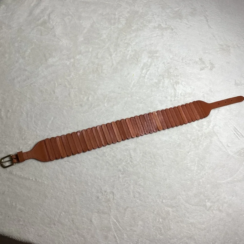 Anthropologie Cognac Brown Leather Wide Segmented Waist Cinch Belt XS Brass Buck - Picture 4 of 8
